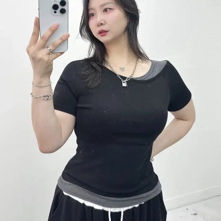 [BUNJANG] Layered Short Sleeve T-Shirt (3 Colors, Plus Size Available) / 새상품 레이어드 반팔 티셔츠 3컬러 빅사이즈 가능 55-77