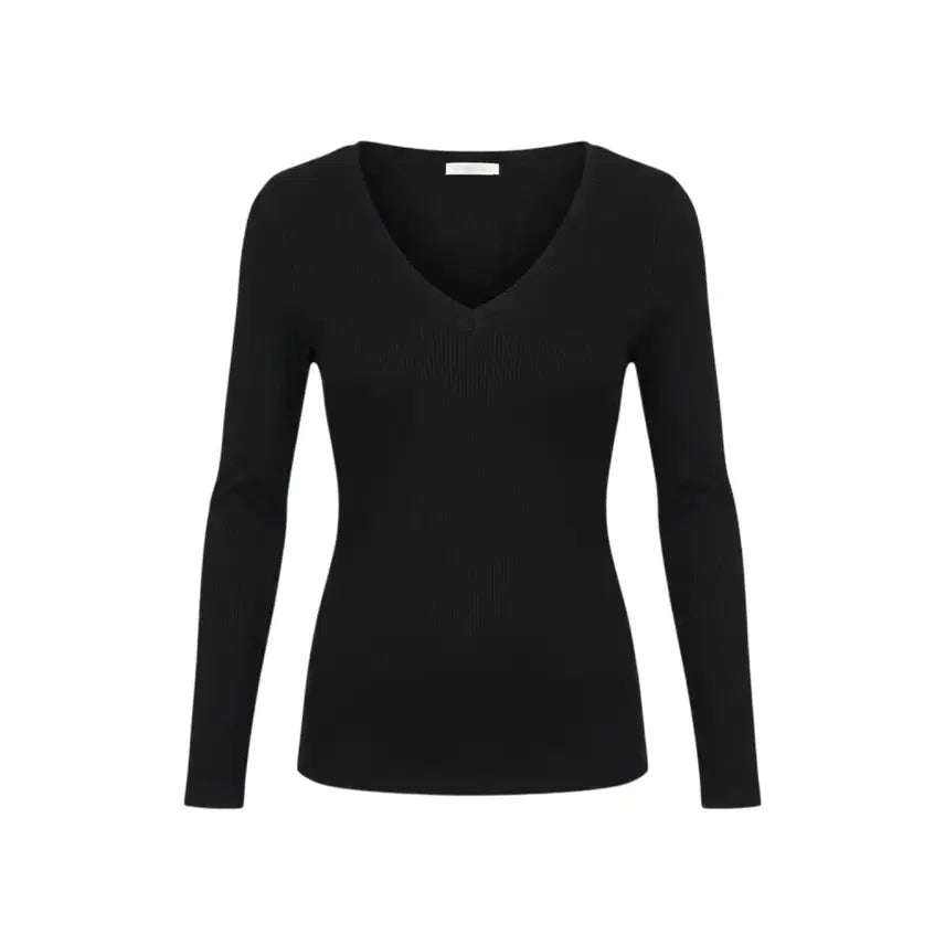 [BUNJANG] Black Ribbed V-Neck Long-Sleeve T-Shirt / 여성55 / 데일리 블랙 골지 브이넥 긴팔티BK 37-151