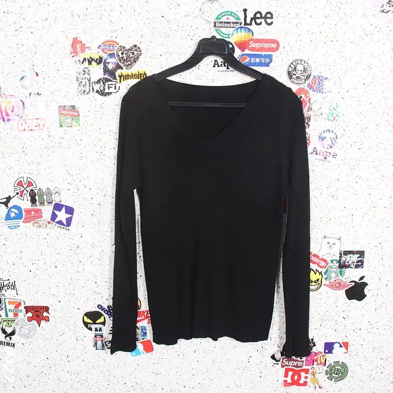 [BUNJANG] Black Ribbed V-Neck Long-Sleeve T-Shirt / 여성55 / 데일리 블랙 골지 브이넥 긴팔티BK 37-151
