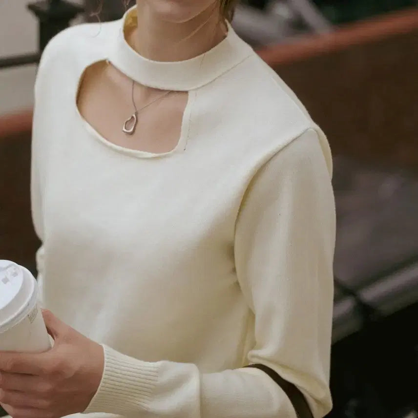 [BUNJANG] Evmow Wool Blend Elegant Deep Neck Knit Scarf Top / 에브모우 울 혼방 우아한 딥 넥 니트 스카프 탑 free