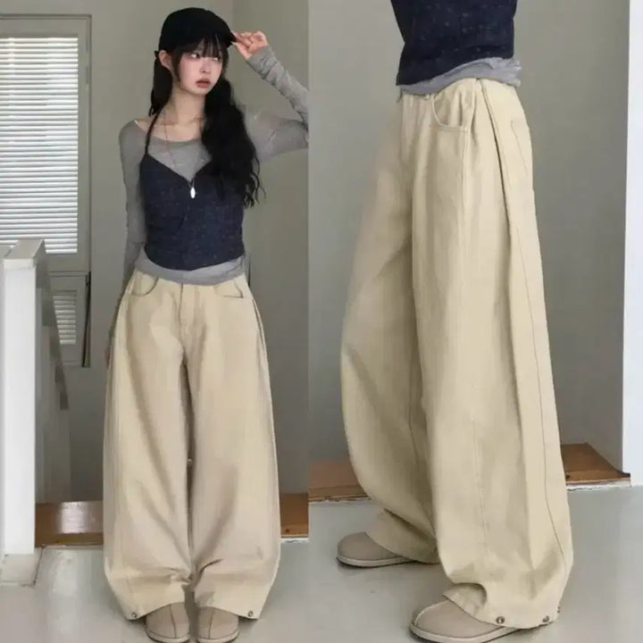 [BUNJANG] Ably Beige Pintuck Cotton Wide Pants / 에이블리 베이지 핀턱 코튼 하체커버 와이드팬츠