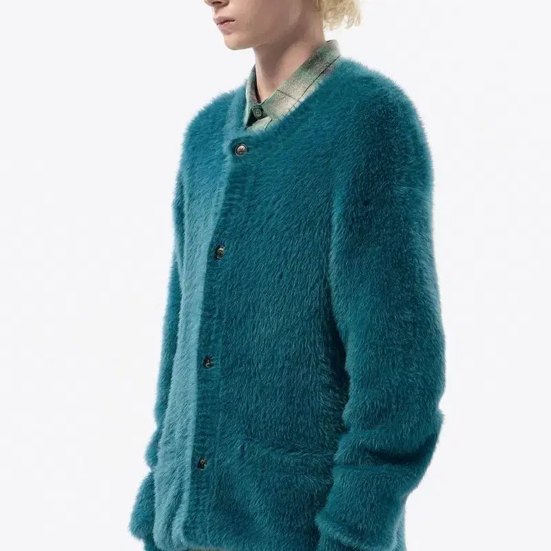 [BUNJANG] Customellow Hairy Round Neck Cardigan Blue 95 / 커스텀멜로우 헤어리 라운드 넥 가디건 블루 95