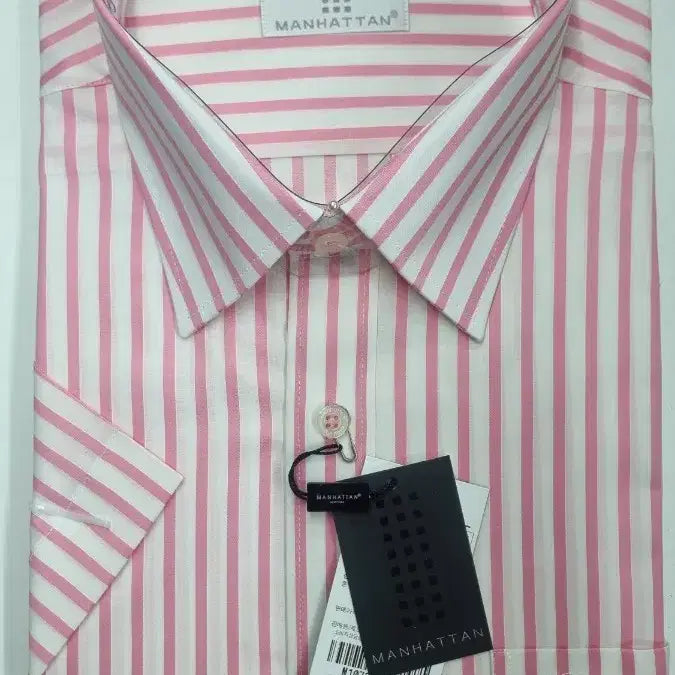 [BUNJANG] Manhattan Pink Stripe Short Sleeve Shirt / 맨하탄 국산 핑크 스트라이프 반팔 셔츠