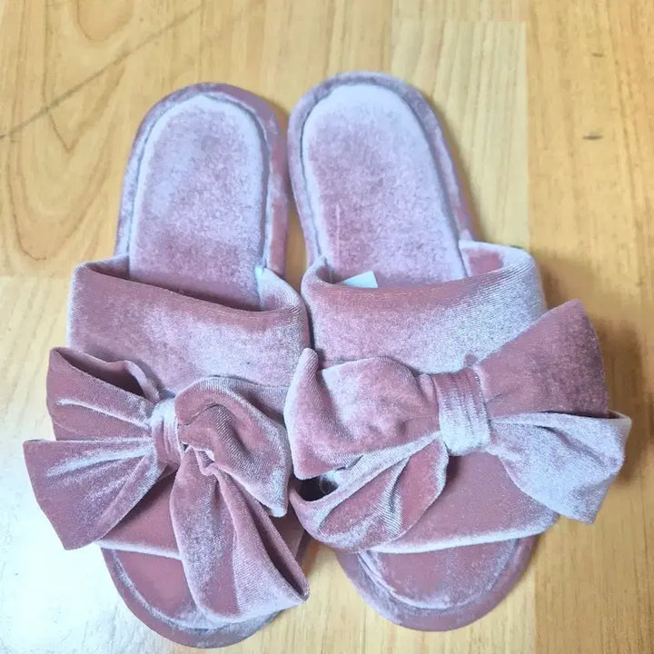 [BUNJANG] Velvet Ribbon Fur Slippers - Pink / 벨벳 리본 털 슬리퍼 핑크