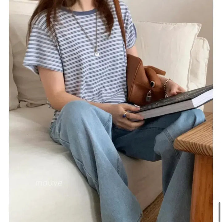 [BUNJANG] Stunning Pony Stripe Short-Sleeve T-Shirt Steel Blue / 스터닝 포니 스트라이프 반팔티 스틸블루
