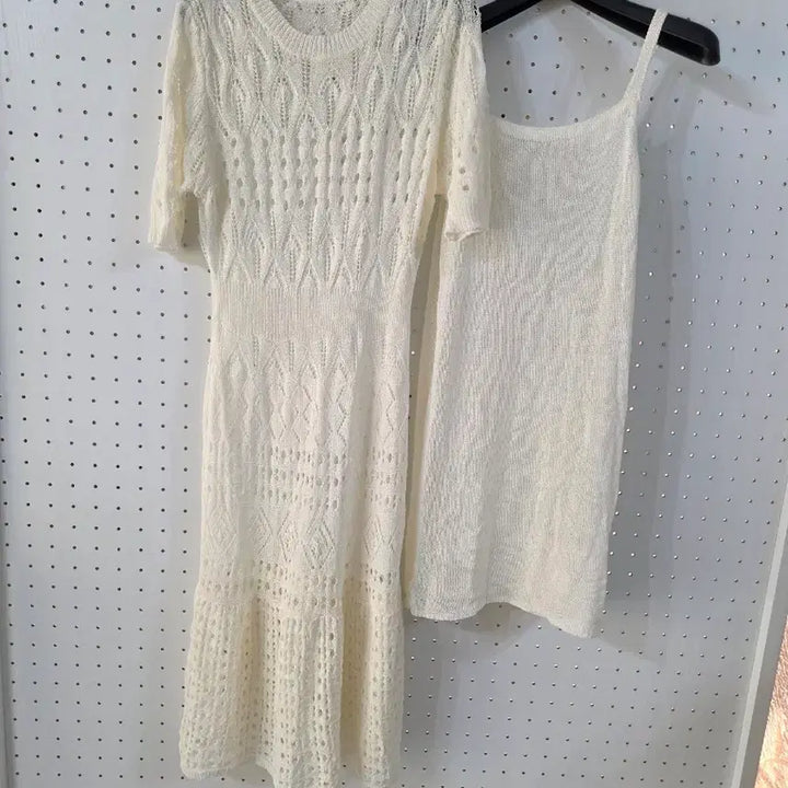[BUNJANG] White Knit Crochet Long Dress / 화이트 니트 펀칭 롱 원피스(새것)