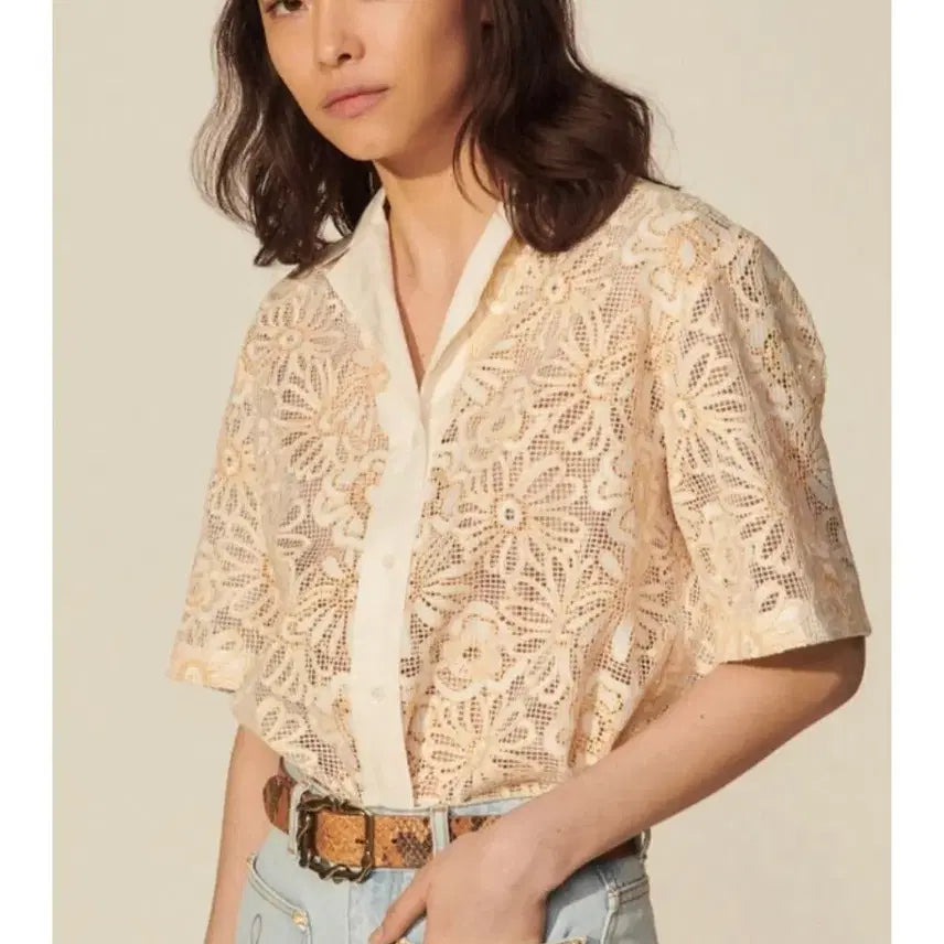 [BUNJANG] Sandro Punchwork Embroidery Shirt / 산드로 펀칭자수 셔츠