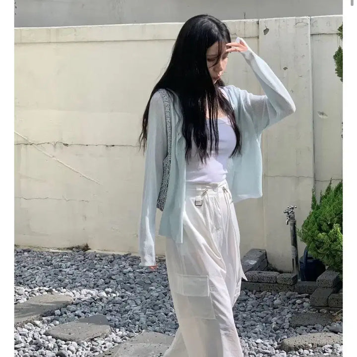 [BUNJANG] Lily Summer Ribbed Round Long Sleeve Cardigan / 간절기 살안타템 릴리 여름 골지 라운드 긴팔 가디건 에이블리 블랙업 글로
