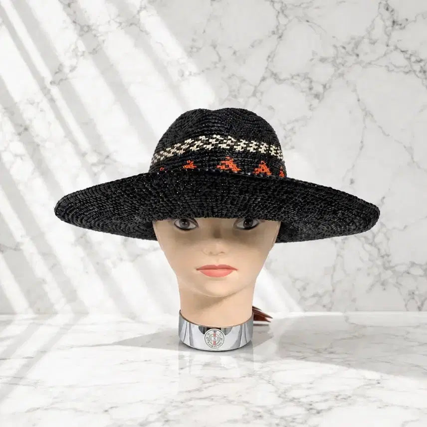 [BUNJANG] Helen Kaminski Raffia Wide Brim Hat (Black/Orange Pattern) / (정품/새상품) 헬렌카민스키 라피아 와이드 브림 햇 (블랙 / 오렌지)
