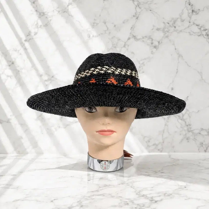 [BUNJANG] Helen Kaminski Raffia Wide Brim Hat (Black/Orange Pattern) / (정품/새상품) 헬렌카민스키 라피아 와이드 브림 햇 (블랙 / 오렌지)