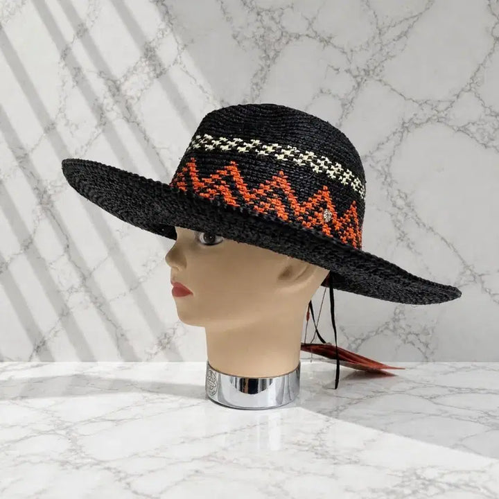 [BUNJANG] Helen Kaminski Raffia Wide Brim Hat (Black/Orange Pattern) / (정품/새상품) 헬렌카민스키 라피아 와이드 브림 햇 (블랙 / 오렌지)