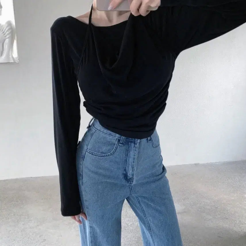 [BUNJANG] Drape Halter Long Sleeve T-Shirt (Size 44-77) / 새상품 뱃살커버 드레이프 홀터 긴팔 티셔츠 빅사이즈 가능 44-77