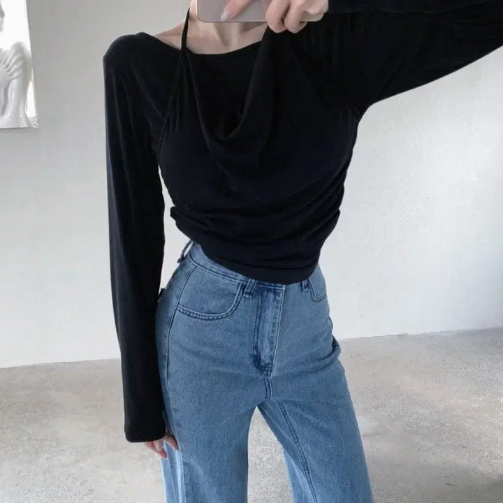 [BUNJANG] Drape Halter Long Sleeve T-Shirt (Size 44-77) / 새상품 뱃살커버 드레이프 홀터 긴팔 티셔츠 빅사이즈 가능 44-77