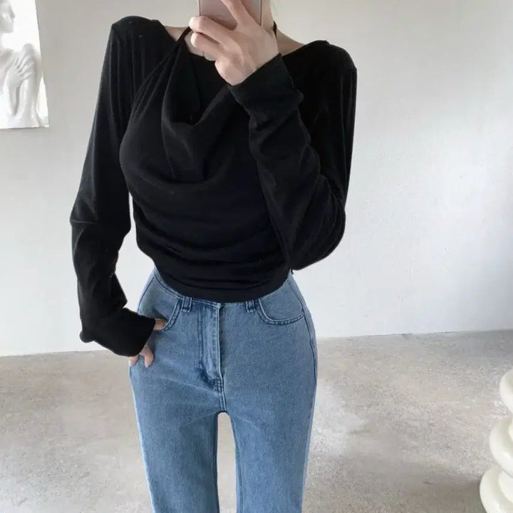 [BUNJANG] Drape Halter Long Sleeve T-Shirt (Size 44-77) / 새상품 뱃살커버 드레이프 홀터 긴팔 티셔츠 빅사이즈 가능 44-77