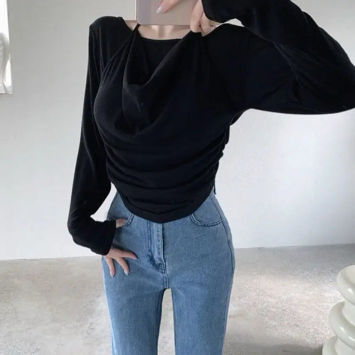 [BUNJANG] Drape Halter Long Sleeve T-Shirt (Size 44-77) / 새상품 뱃살커버 드레이프 홀터 긴팔 티셔츠 빅사이즈 가능 44-77