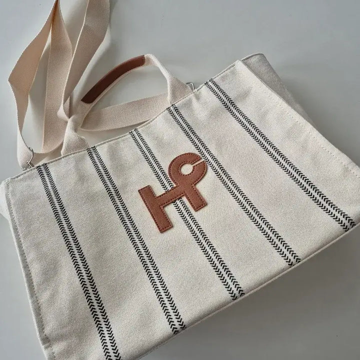 [BUNJANG] Alphabet Embroidery Stripe Canvas Tote Bag / 알파벳 자수 스트라이프 캔버스 토트백