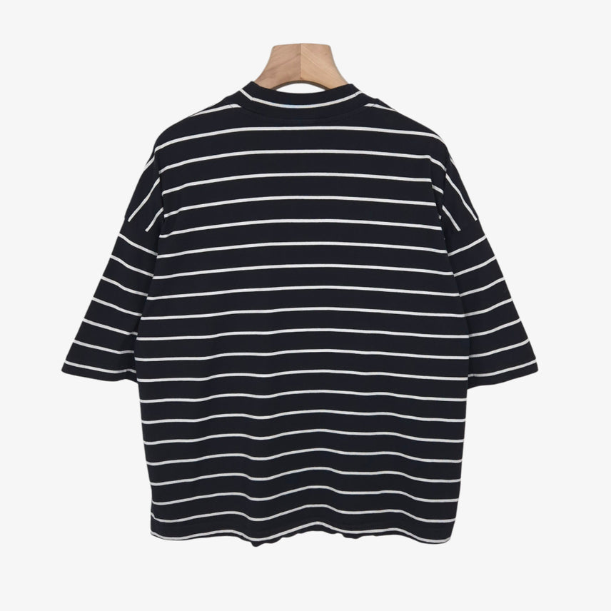 [BUNJANG] COS Black Stripe Relaxed Fit Mock Neck Short Sleeve T-Shirt / [100-105] COS 코스 블랙 스트라이프 루즈핏 모크넥 반팔 티셔츠
