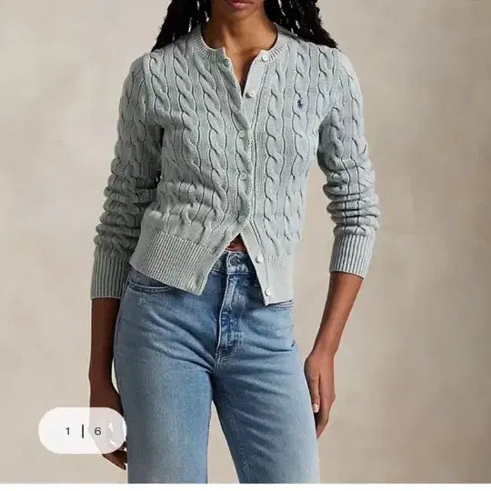 [BUNJANG] Polo Ralph Lauren Cable Knit Cardigan Light Chambray XS / [새상품] 폴로 랄프로렌 케이블 가디건 라이트 샴브레이 xs