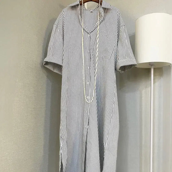 [BUNJANG] White Stripe Long Sleeve Cotton Blend Midi Dress / 롱반팔 면셔츠 화이트스트라이프 미디빅사이즈 원피스