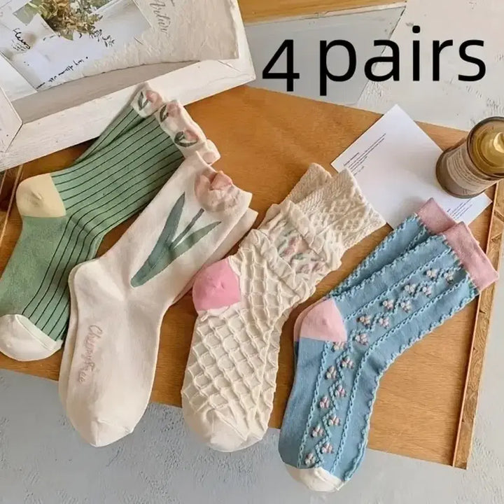 [BUNJANG] Flower Pattern Socks 4-Pair Set / 플라워 패턴 양말 4켤레 세트(새상품)