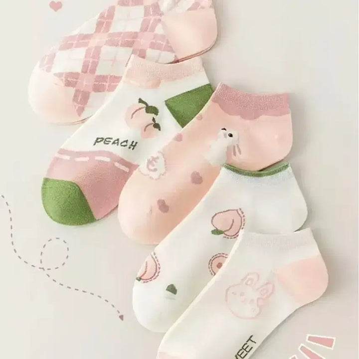 [BUNJANG] Peach &amp; Rabbit Character Non-Slip Ankle Socks Set for Women / 복숭아/토끼 캐릭터 여성용 덧신 양말 세트(새상품)