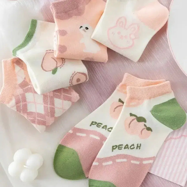 [BUNJANG] Peach &amp; Rabbit Character Non-Slip Ankle Socks Set for Women / 복숭아/토끼 캐릭터 여성용 덧신 양말 세트(새상품)