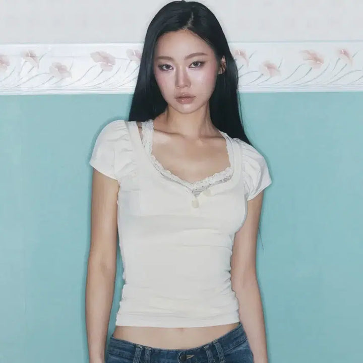[BUNJANG] Please No Follow Sia Button Shirring Short Sleeve Top &amp; Zuri Lace Sleeveless Top Set / 플리즈노팔로우 sia button+zuri lace top 시아탑 주리탑