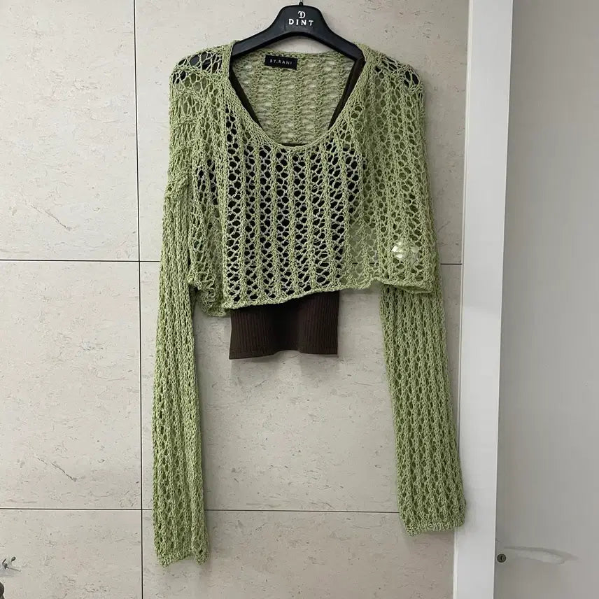[BUNJANG] Mesh Knit + Brown Camisole Set / 그물망 니트+브라운 나시 세트