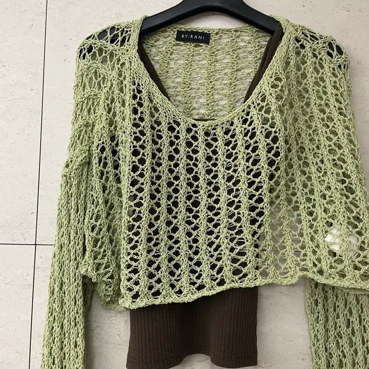 [BUNJANG] Mesh Knit + Brown Camisole Set / 그물망 니트+브라운 나시 세트