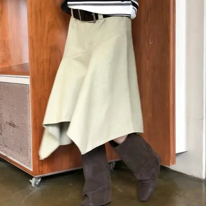 [BUNJANG] Sleek Washing Belt Midi Skirt Yellow / 슬릭 워싱 벨트 미디 스커트 옐로우 S