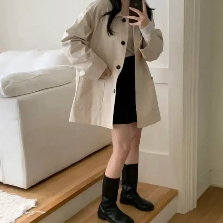 [BUNJANG] Half Trench Coat Ivory Spring Jacket / 하프트렌치 바바리 하프코트 봄자켓 봄트렌치 야상 아이보리