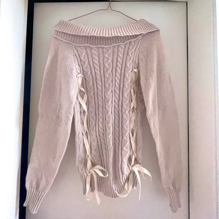 [BUNJANG] Light Pink Ribbon Cable Knit Sweater / 연핑크 리본 꽈배기 니트