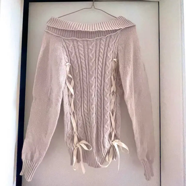 [BUNJANG] Light Pink Ribbon Cable Knit Sweater / 연핑크 리본 꽈배기 니트