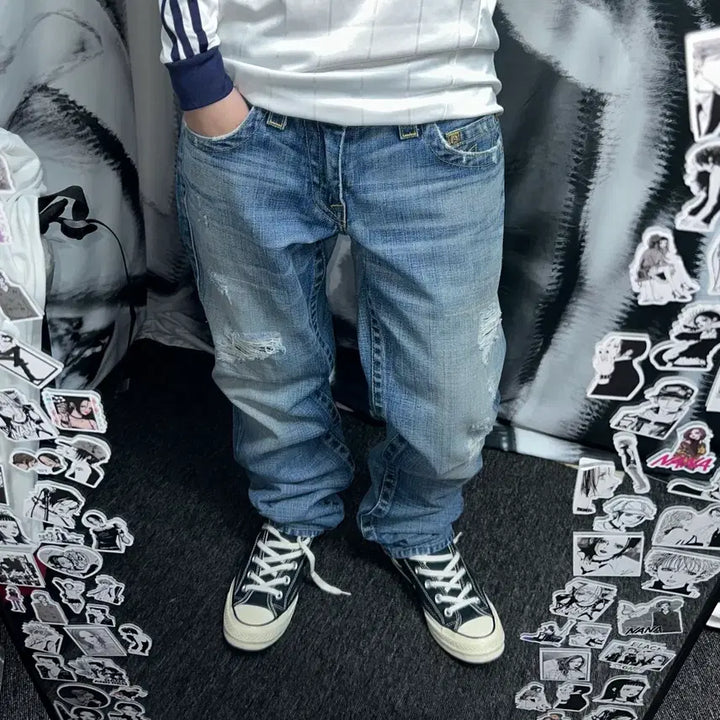 [BUNJANG] True Religion Skull Logo Sagging Denim Pants / 트루진 트루릴리전 스컬로고 새깅 데님팬츠
