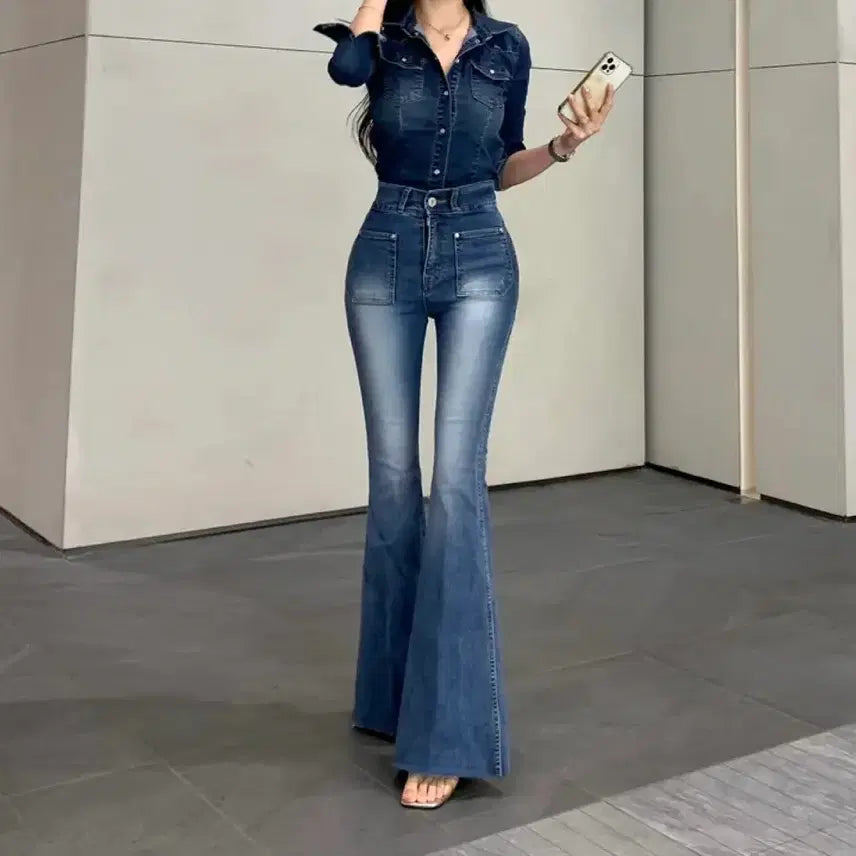[BUNJANG] High-Waisted Button-Front Washed Stretch Slim Denim Bootcut Jeans / 새상품 포장그대로 하이웨스트 원버튼 워싱 스판 롱 슬림 데님 부츠컷 청바