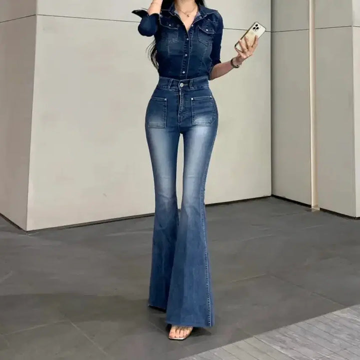 [BUNJANG] High-Waisted Button-Front Washed Stretch Slim Denim Bootcut Jeans / 새상품 포장그대로 하이웨스트 원버튼 워싱 스판 롱 슬림 데님 부츠컷 청바