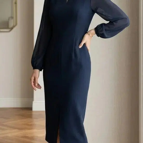 [BUNJANG] MOJO.S.PINE See-Through Long Sleeve Sheath Dress Dark Green/Navy / (55사이즈)모조에스핀 시스루 롱 슬리브 원피스