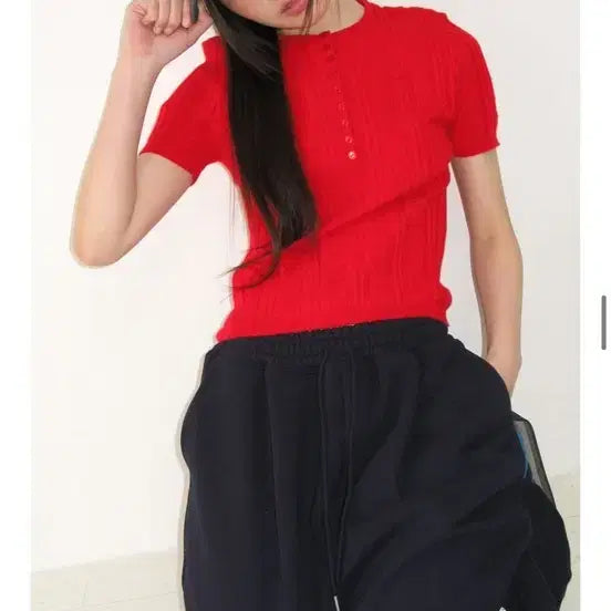 [BUNJANG] Ronron Button Short Sleeve Knit Red / 론론 버튼 반팔 니트 레드