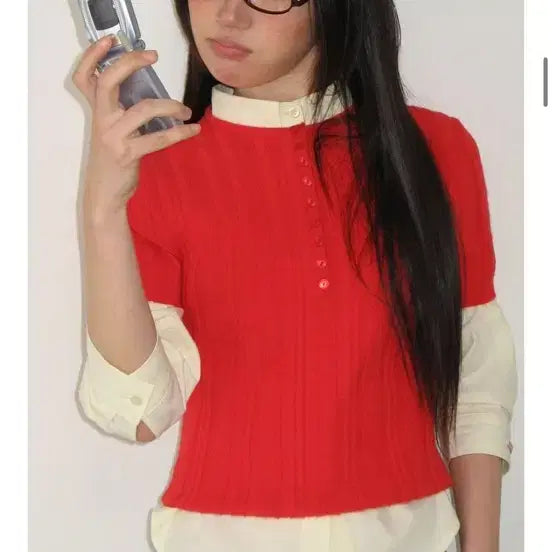 [BUNJANG] Ronron Button Short Sleeve Knit Red / 론론 버튼 반팔 니트 레드