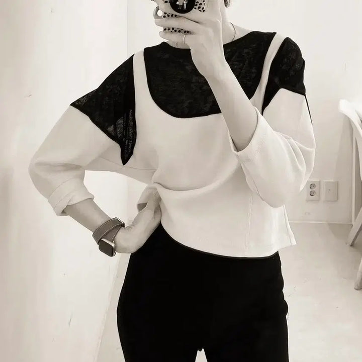 [BUNJANG] J.CHUNG Color-Blocked See-Through Long Sleeve Top / 제이청 J.CHUNG 배색 시스루 탑