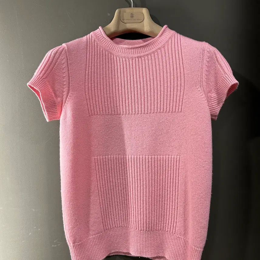[BUNJANG] Hermès Cashmere Half-Sleeve Knit H Pattern Rose Pink Size 34 / 에르메스 캐시미어 반소매 니트