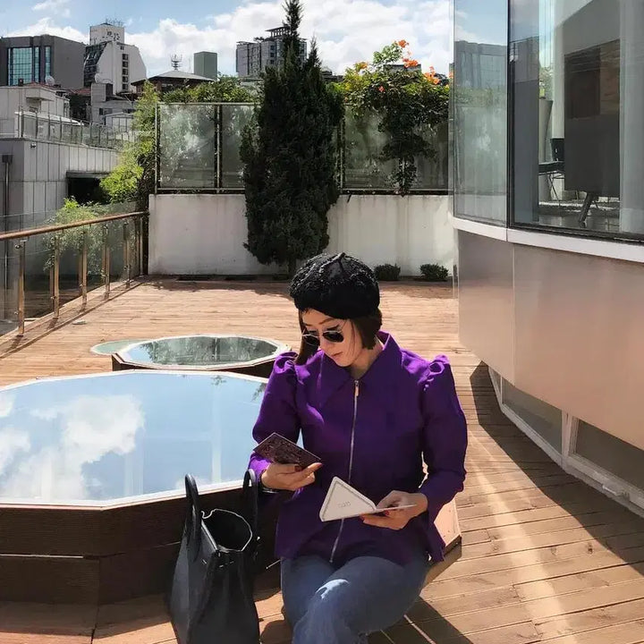 [BUNJANG] Galon de Blanc Silk Jacket Purple Puff Sleeve Peplum / 갈롱드블랑(galon de blanc) 실크자켓 55-66 새상품