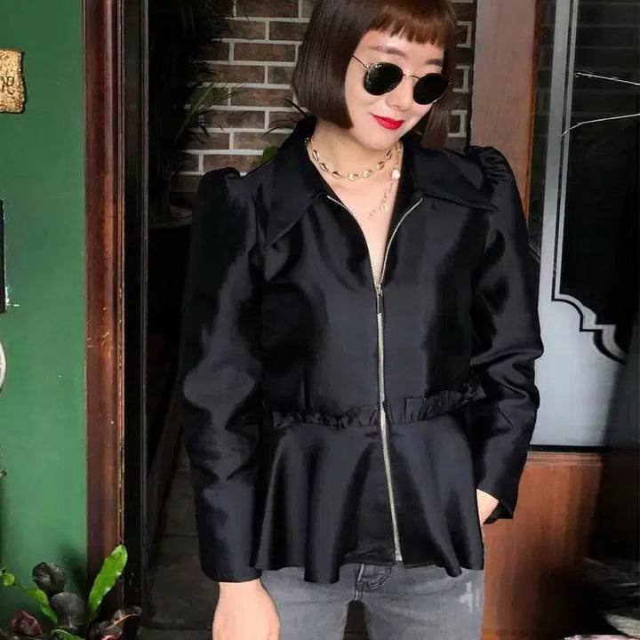 [BUNJANG] Galon de Blanc Silk Jacket Purple Puff Sleeve Peplum / 갈롱드블랑(galon de blanc) 실크자켓 55-66 새상품