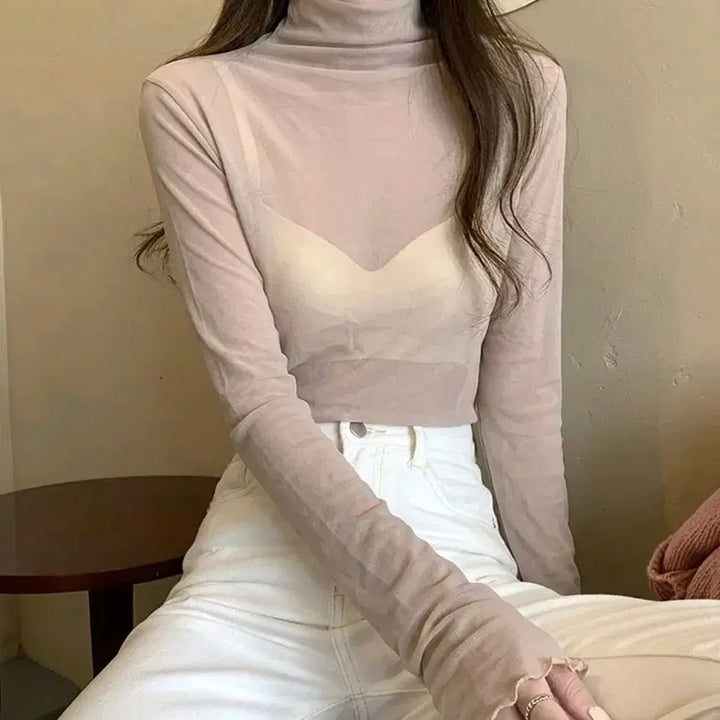 [BUNJANG] Sexy Glam See-Through Semi-Turtleneck Long-Sleeve T-Shirt Beige / 섹시 글램 시스루 반폴라 긴팔 티셔츠 베이지색