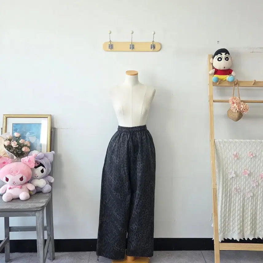 [BUNJANG] Vintage Charcoal Leopard Pattern Banding Pants / 빈티지 만원샵 챠콜 레오파드 밴딩 바지 팬츠