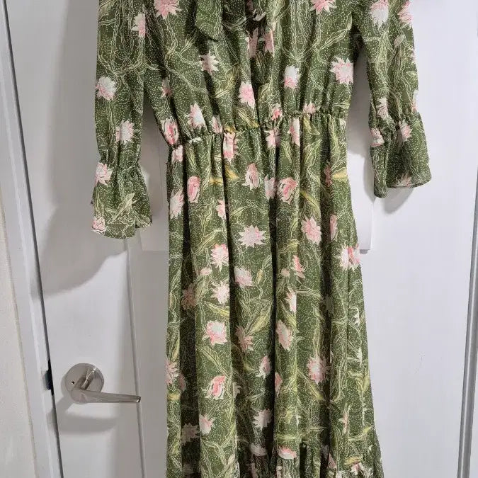 [BUNJANG] Flower Pattern Waist Banding Long Dress Green / 플라워 허리밴딩 롱원피스 그린
