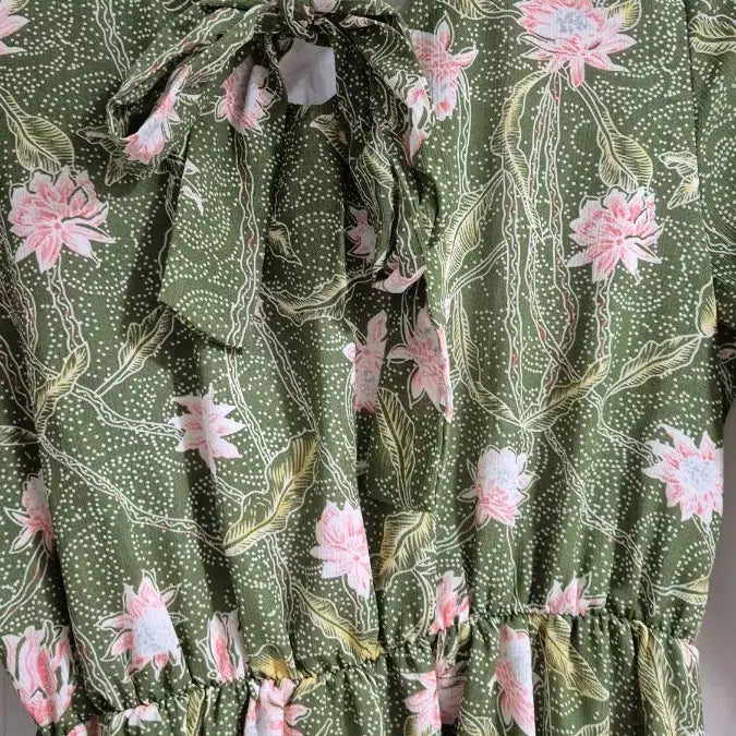 [BUNJANG] Flower Pattern Waist Banding Long Dress Green / 플라워 허리밴딩 롱원피스 그린