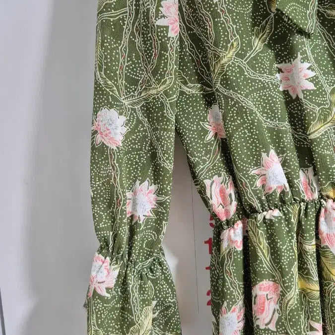 [BUNJANG] Flower Pattern Waist Banding Long Dress Green / 플라워 허리밴딩 롱원피스 그린