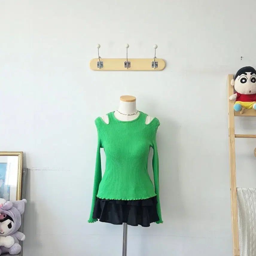[BUNJANG] toinq Green Ribbed Off-Shoulder Top / 빈티지 만원샵 toinq 그린 어깨트임 골지티