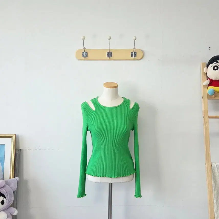 [BUNJANG] toinq Green Ribbed Off-Shoulder Top / 빈티지 만원샵 toinq 그린 어깨트임 골지티